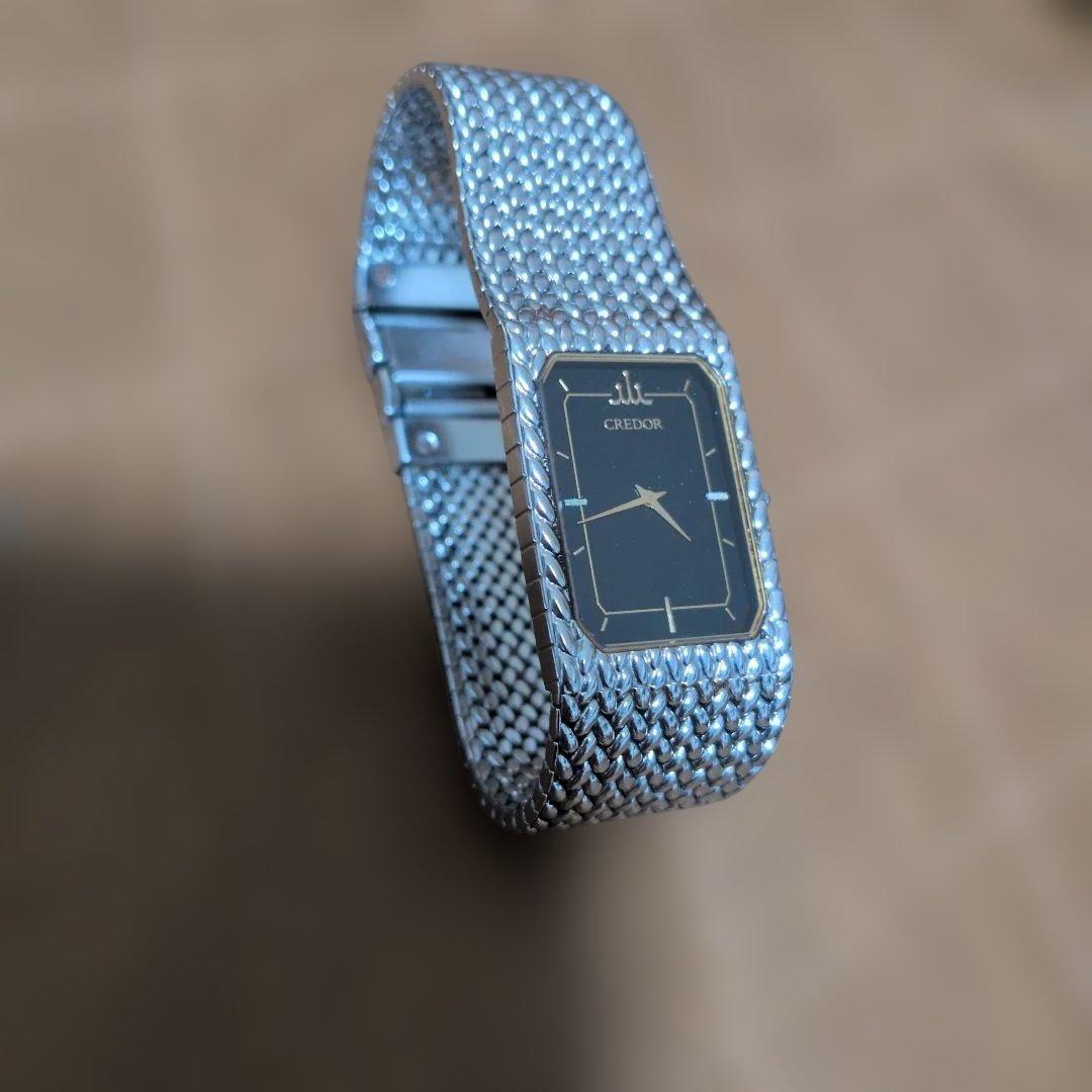 ジャンクCREDOR シルバー メッシュ ブラックダイヤル 腕時計