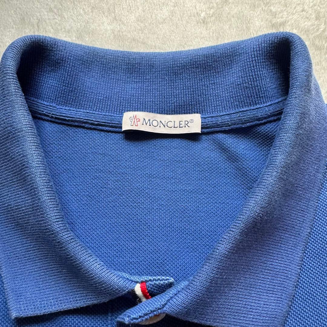 人気！モンクレール ポロシャツ メンズ M ブルー トリコロールライン ロゴ刺繍