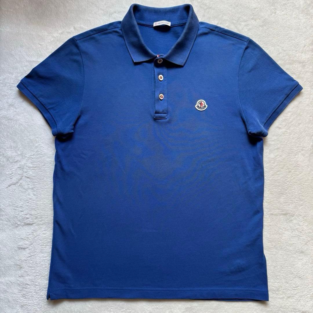 人気！モンクレール ポロシャツ メンズ M ブルー トリコロールライン ロゴ刺繍