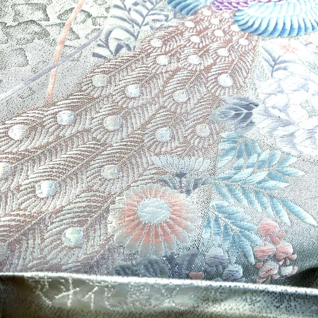 袋帯　ワンタッチ作り帯　マジックテープ【熨斗花鳥文】二重太鼓　付け帯　正絹　刺繍