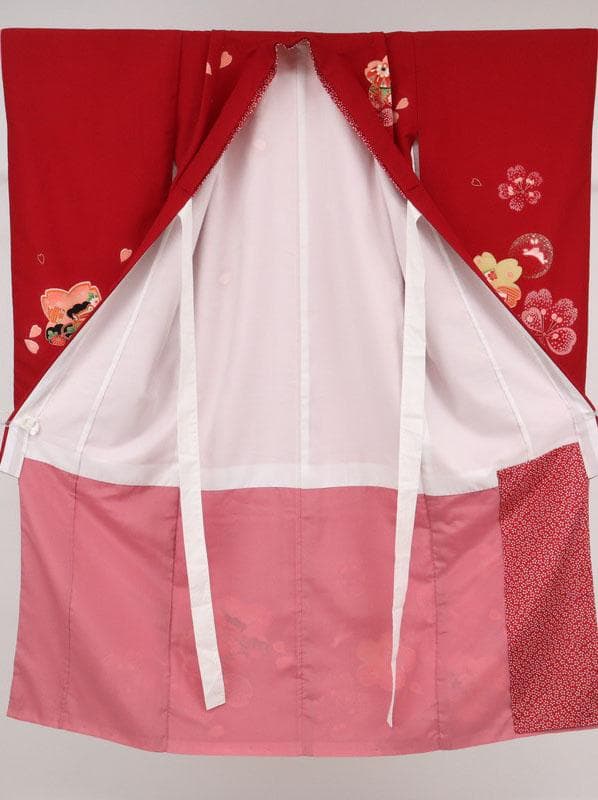 Oreo　七五三 七歳 着物 女児 花と毬 月兎模様 赤 化繊 11RR5