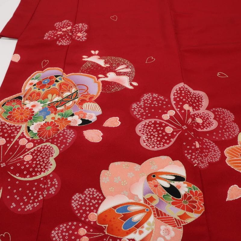 Oreo　七五三 七歳 着物 女児 花と毬 月兎模様 赤 化繊 11RR5