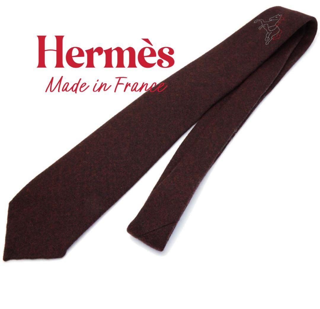 HERMÈS ホース刺繍 ウールネクタイ 馬 エルメス ソリッド 赤