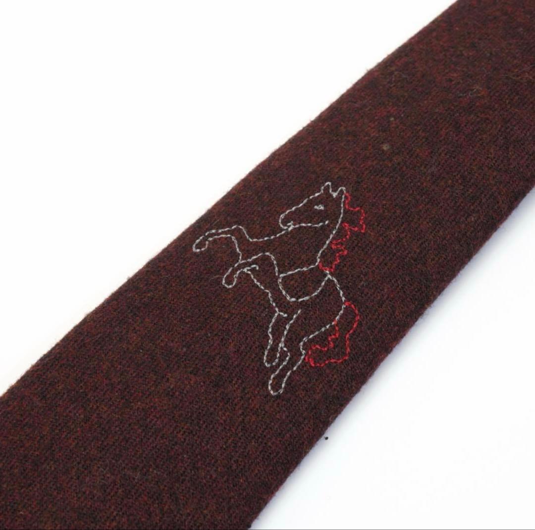 HERMÈS ホース刺繍 ウールネクタイ 馬 エルメス ソリッド 赤