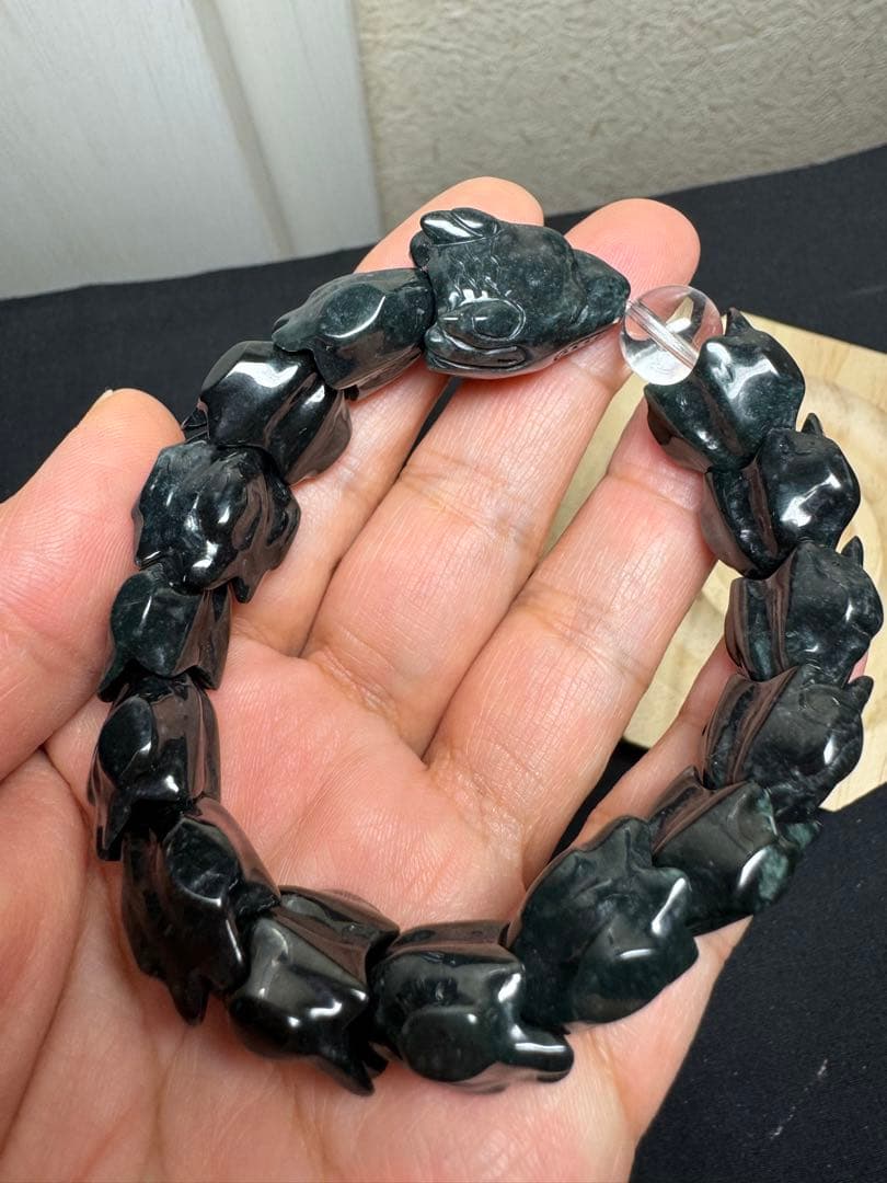 水晶&濃緑黒翡翠龍神ブレスレット