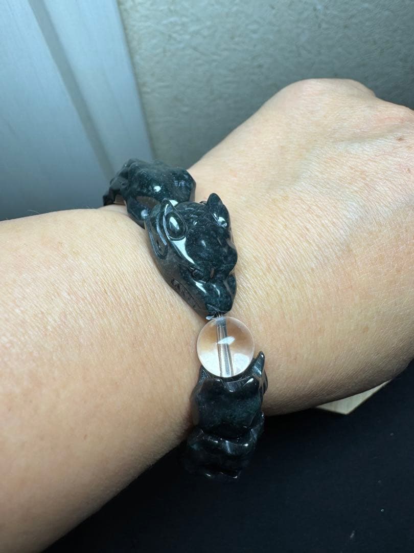 水晶&濃緑黒翡翠龍神ブレスレット