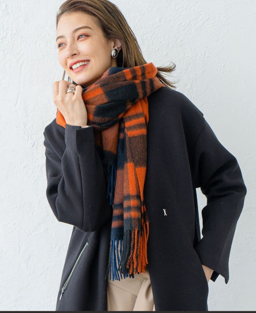 カシミヤ チェック柄 ストール オレンジ系