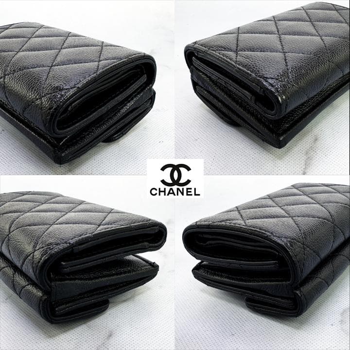 563　超美品　CHANEL　キャビアスキンマトラッセ　Wホック三つ折りミニ財布