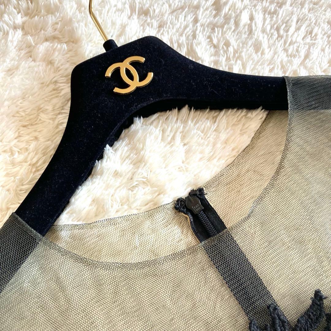 タダシショージ フラワー刺繍 シフォンプリーツワンピース カクテルドレス 黒