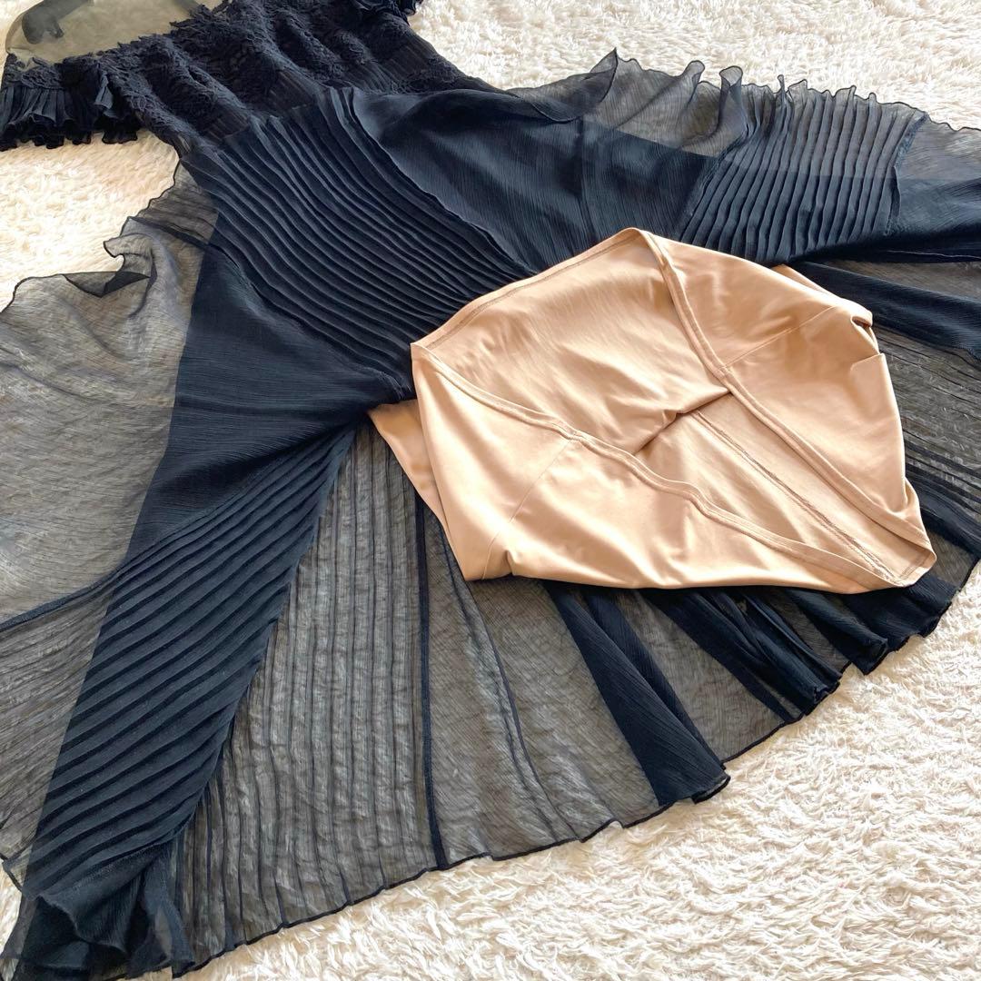 タダシショージ フラワー刺繍 シフォンプリーツワンピース カクテルドレス 黒