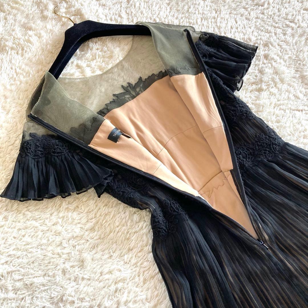 タダシショージ フラワー刺繍 シフォンプリーツワンピース カクテルドレス 黒