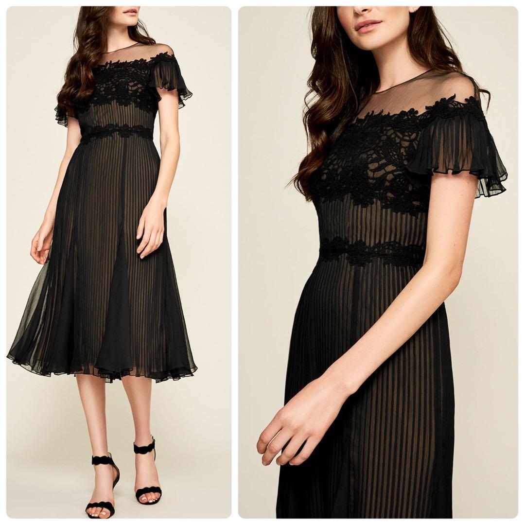 タダシショージ フラワー刺繍 シフォンプリーツワンピース カクテルドレス 黒