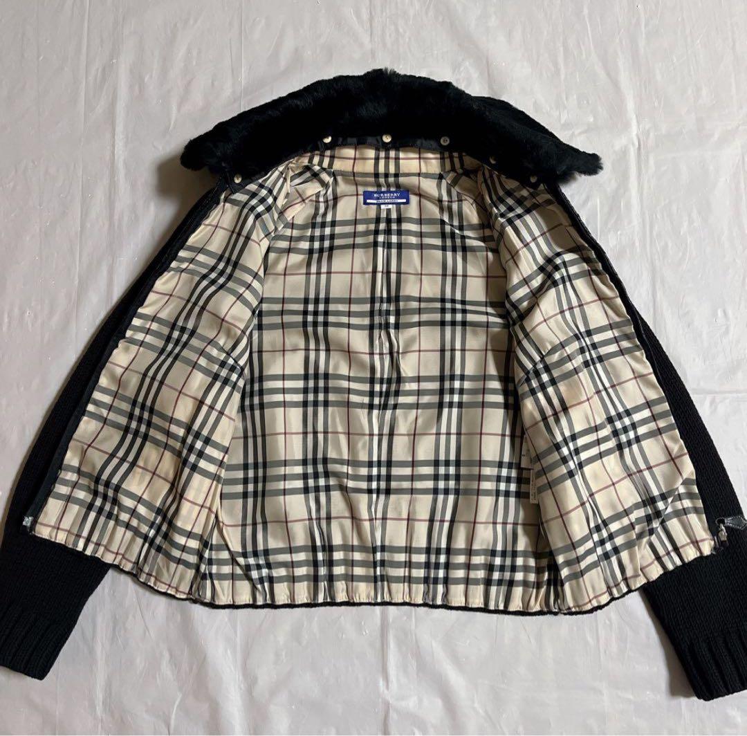 バーバリーロンドンブルーレーベル　ニットジャケット　ノバチェック　ラビットファー