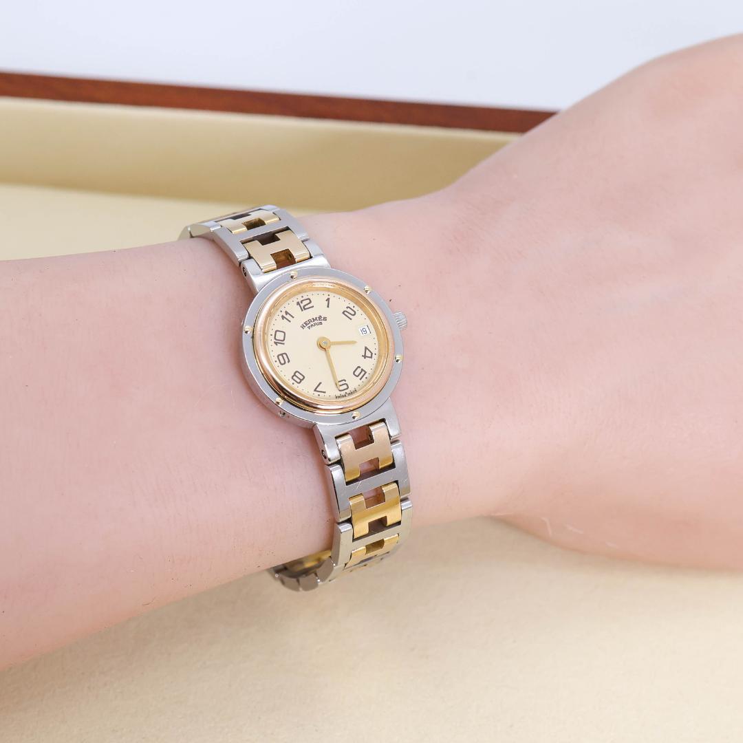 稼働 Hermes クリッパー 腕時計 ゴールド コンビ Hベルト 2718a