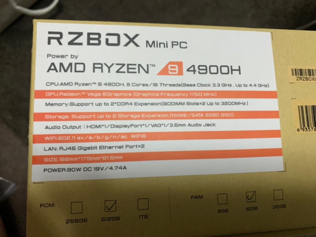ミニPC RZBOX miniPC AMD RYZEN9 4900H 16GB 512GB