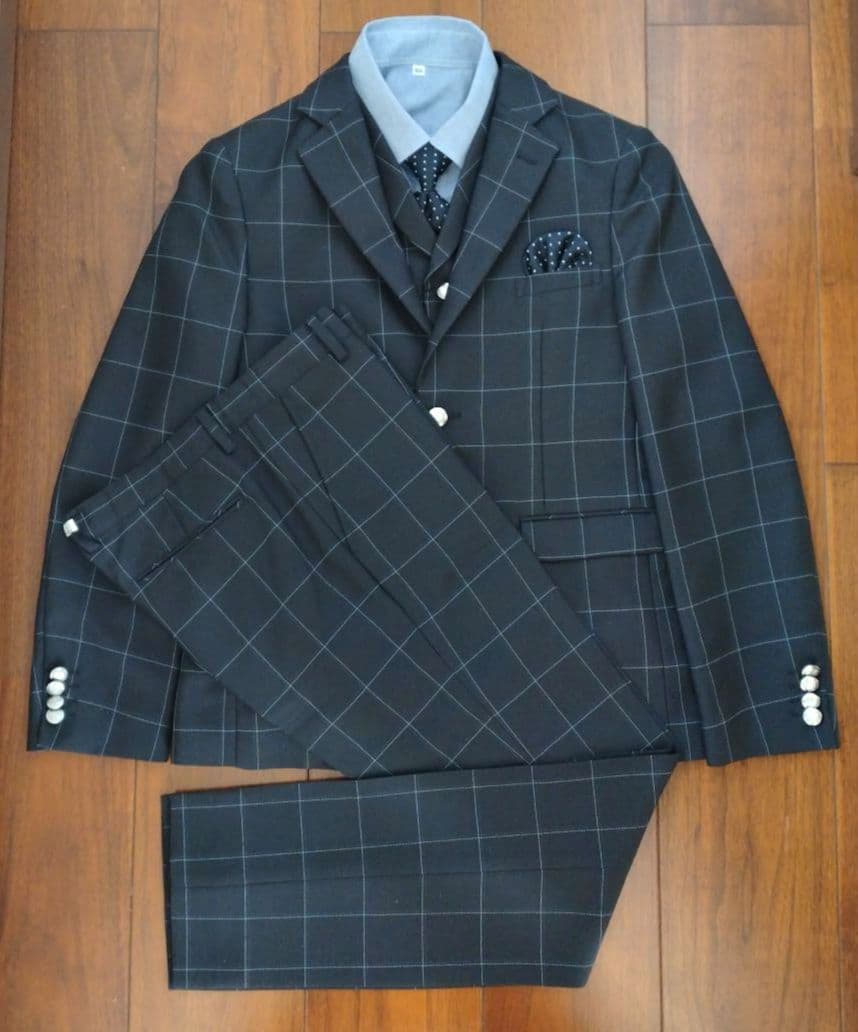 ダークグレー チェック スーツ　160　男子　ワンダーファクトリー　ベスト