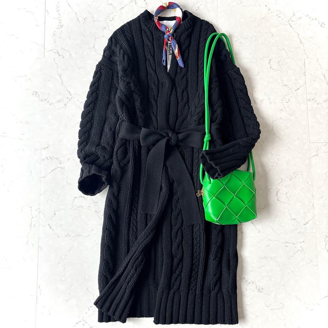 美品 ティッカ 肉厚 ウール ケーブルニット ベルト付 ガウンカーディガン 黒