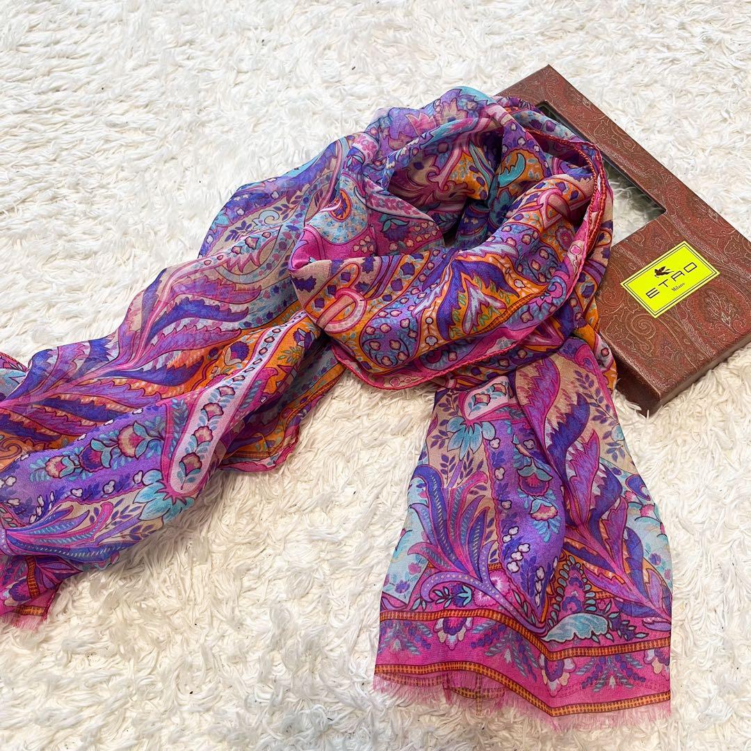 エトロ　シルク100 ストール　ペイズリー　ピンクパープル