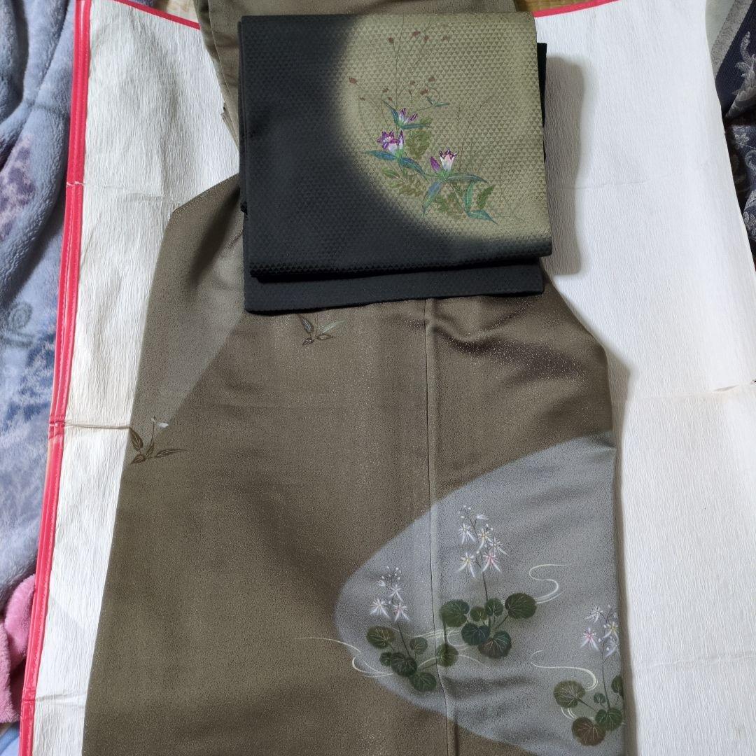 たま 未使用に近　正絹着物スミレりんどう花　袋帯 作家セット物