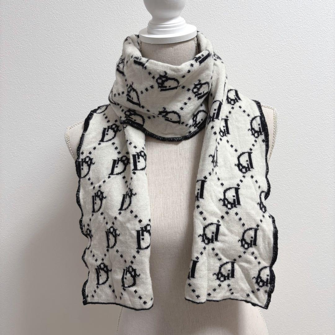 クリスチャンディオール トロッター柄　リバーシブル ウール マフラー 黒　白