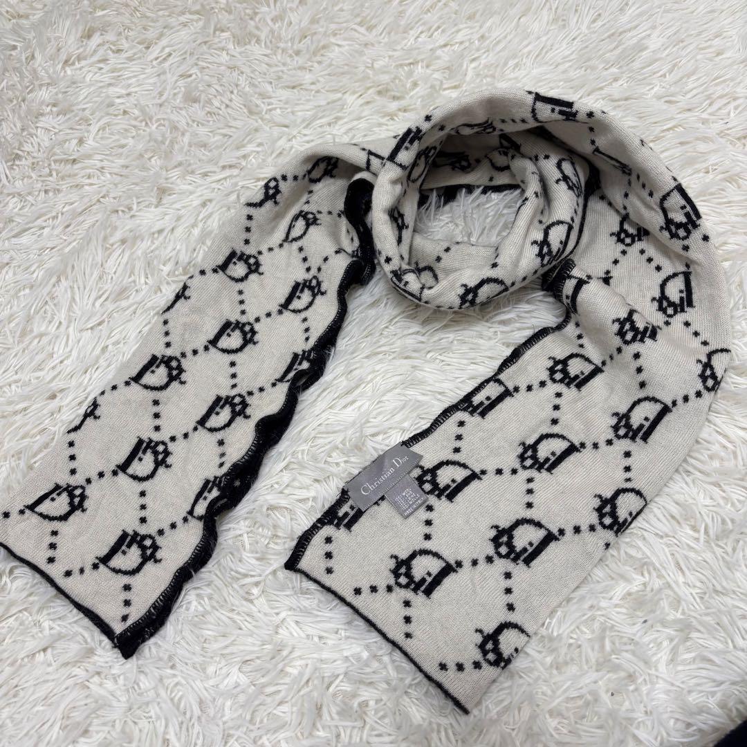 クリスチャンディオール トロッター柄　リバーシブル ウール マフラー 黒　白