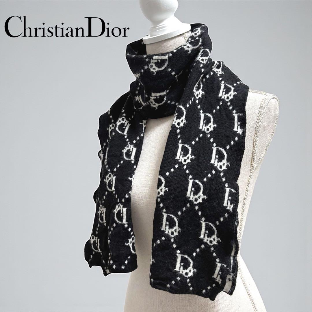 クリスチャンディオール トロッター柄　リバーシブル ウール マフラー 黒　白