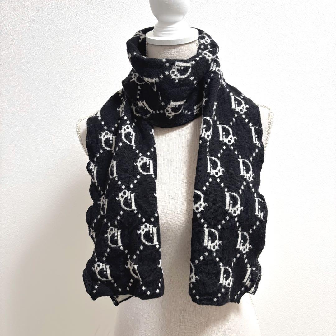 クリスチャンディオール トロッター柄　リバーシブル ウール マフラー 黒　白