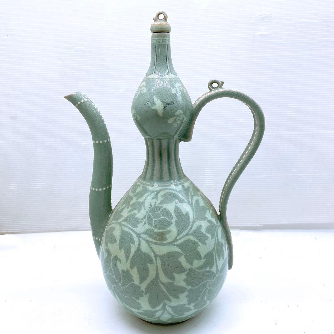 J*1様 希少 韓国人間国宝 ユへガン 柳海剛 高麗青磁 グリーン水注 花柄 テ