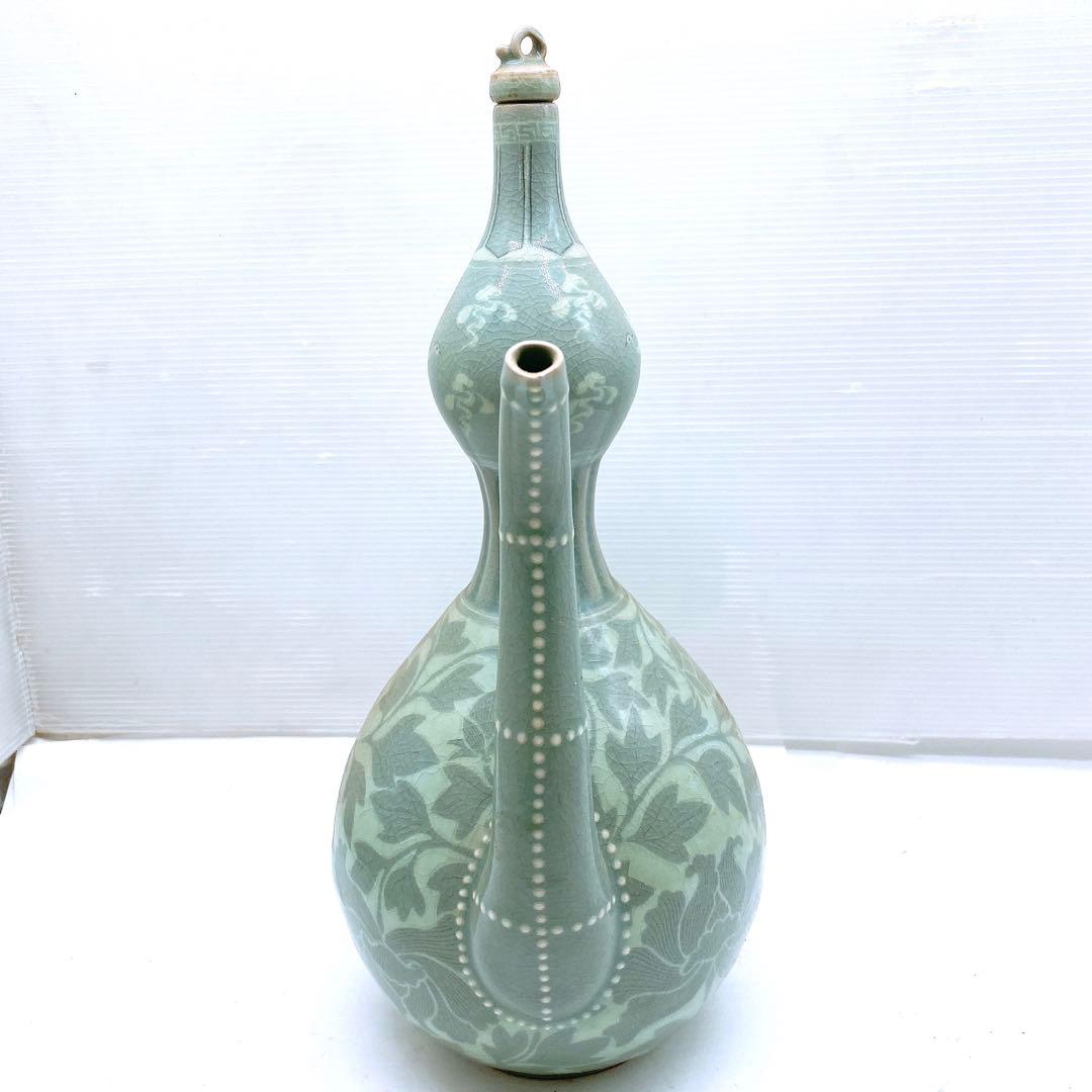 J*1様 希少 韓国人間国宝 ユへガン 柳海剛 高麗青磁 グリーン水注 花柄 テ