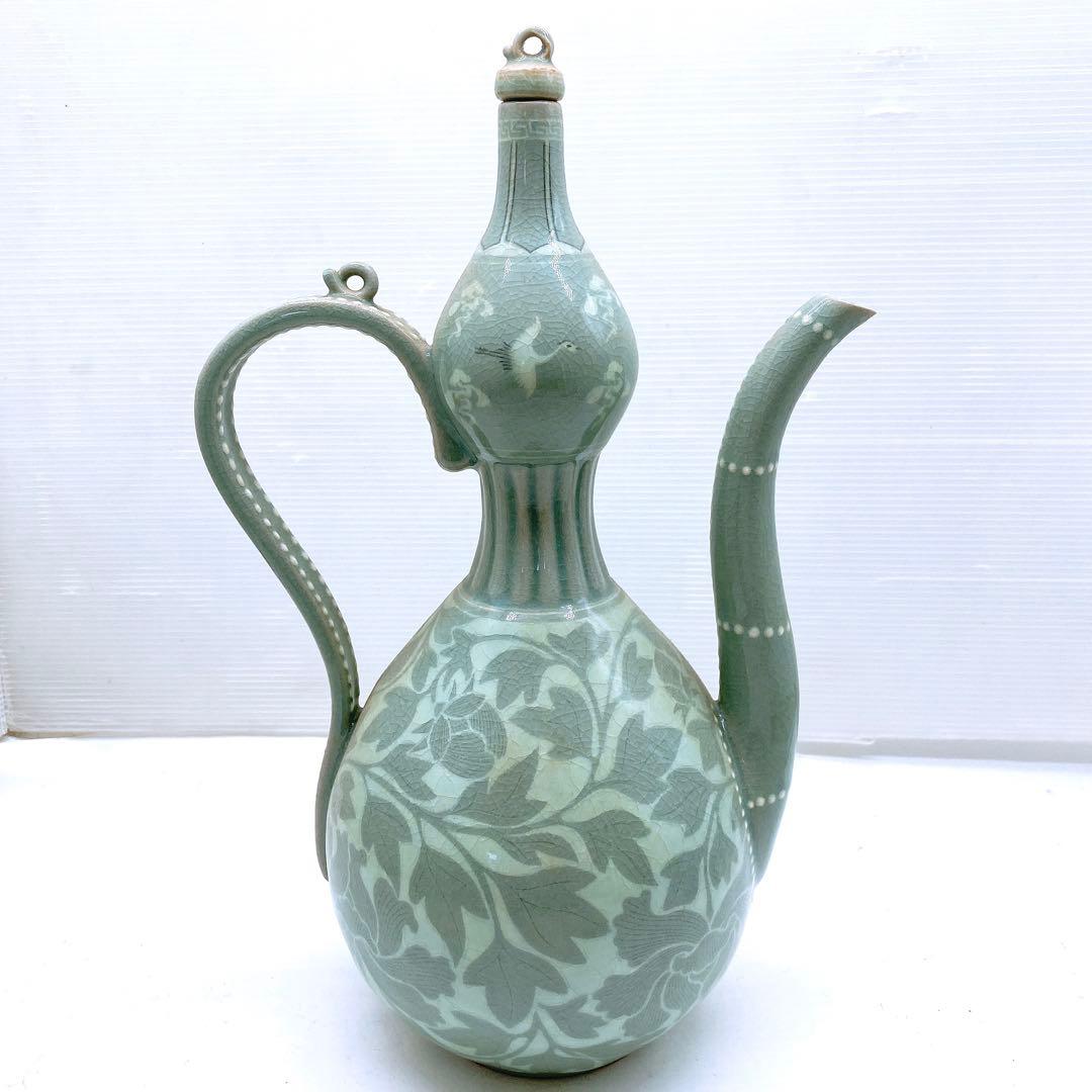 J*1様 希少 韓国人間国宝 ユへガン 柳海剛 高麗青磁 グリーン水注 花柄 テ