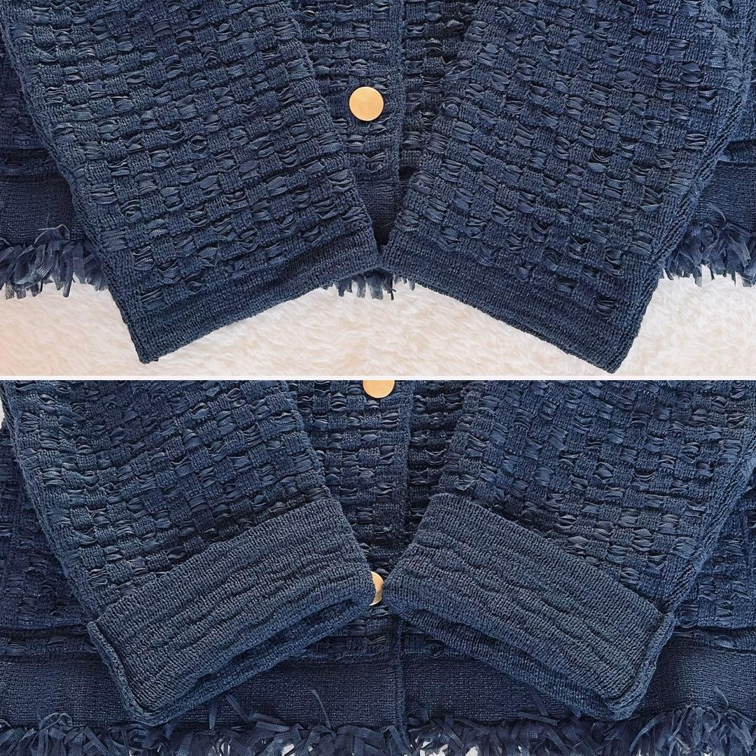 美品✨【イエナ】ノーカラーツイードニットジャケット 金ボタン ネイビー 23SS
