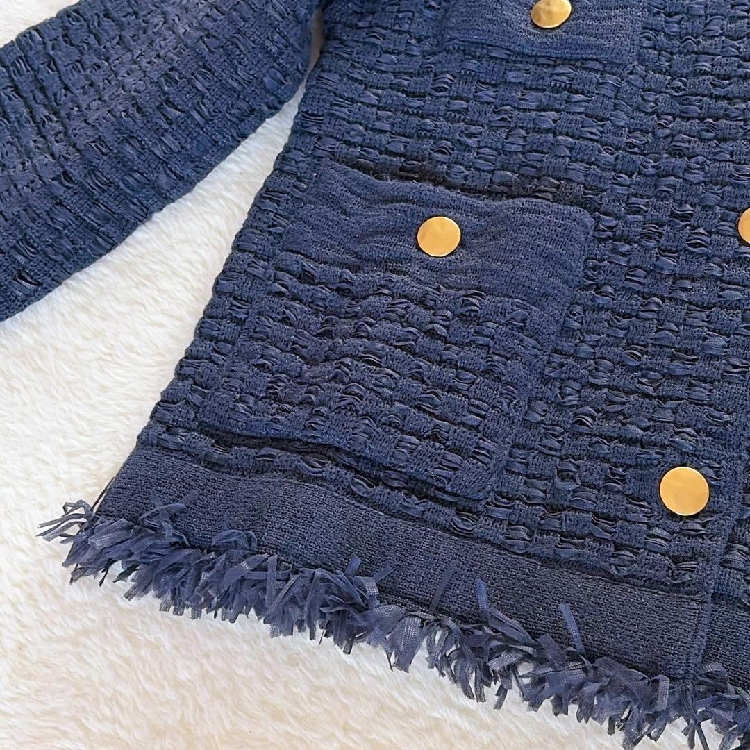 美品✨【イエナ】ノーカラーツイードニットジャケット 金ボタン ネイビー 23SS
