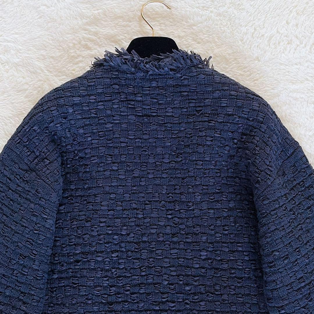 美品✨【イエナ】ノーカラーツイードニットジャケット 金ボタン ネイビー 23SS