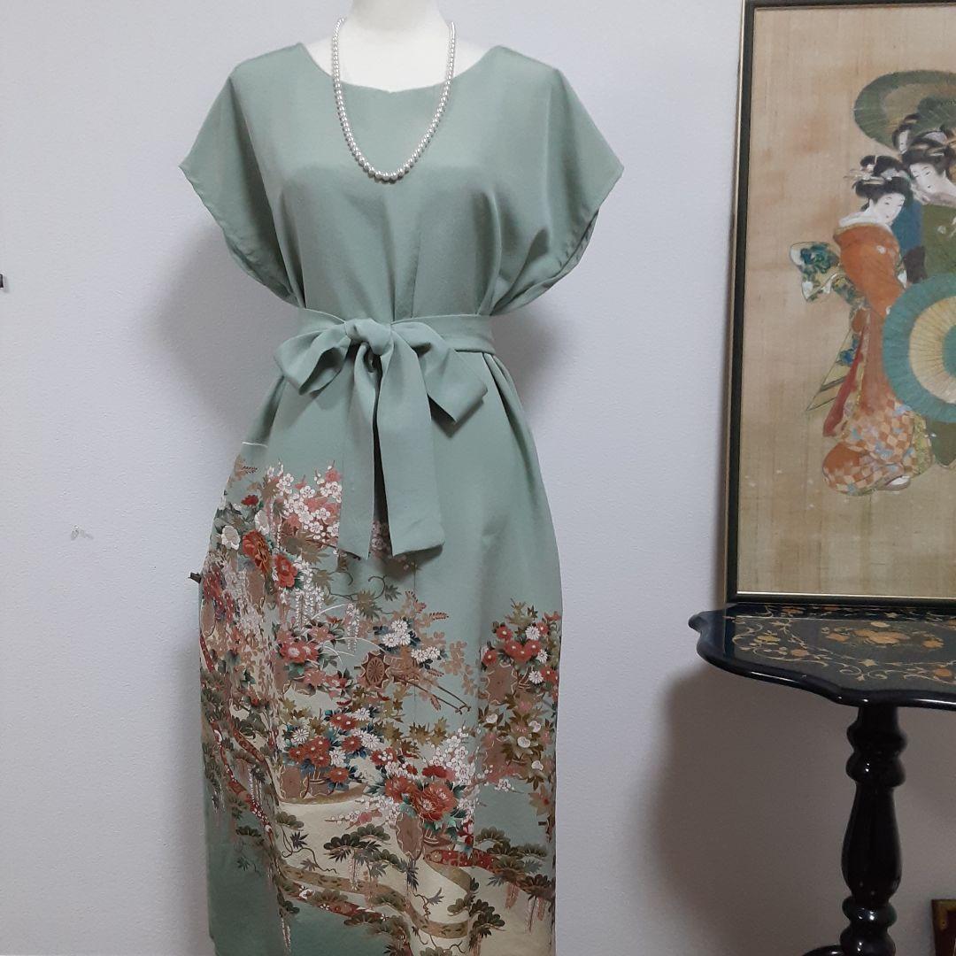 リメイク着物ロングワンピースボレロ付き正絹Ｌ色留袖