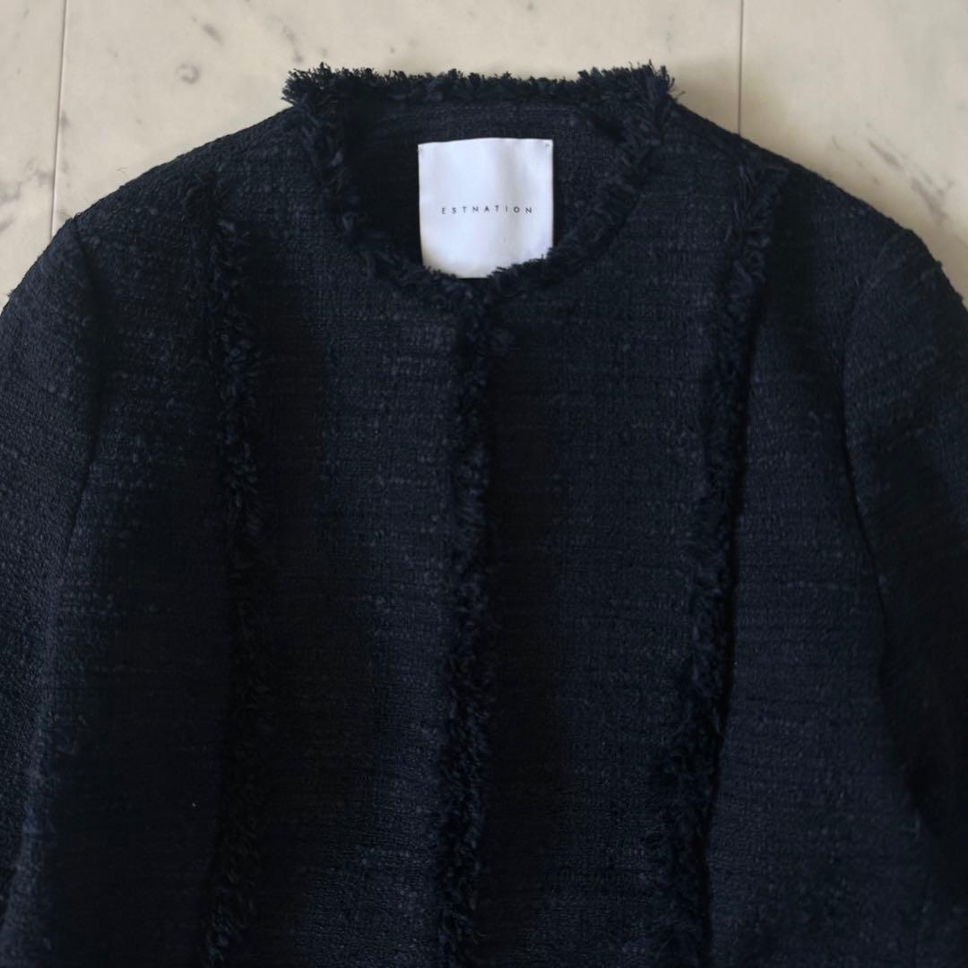 極美品♪エストネーション ミックスツイードフリンジノーカラージャケット ネイビー