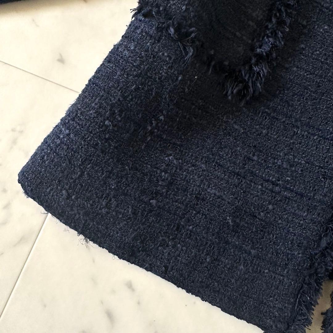 極美品♪エストネーション ミックスツイードフリンジノーカラージャケット ネイビー