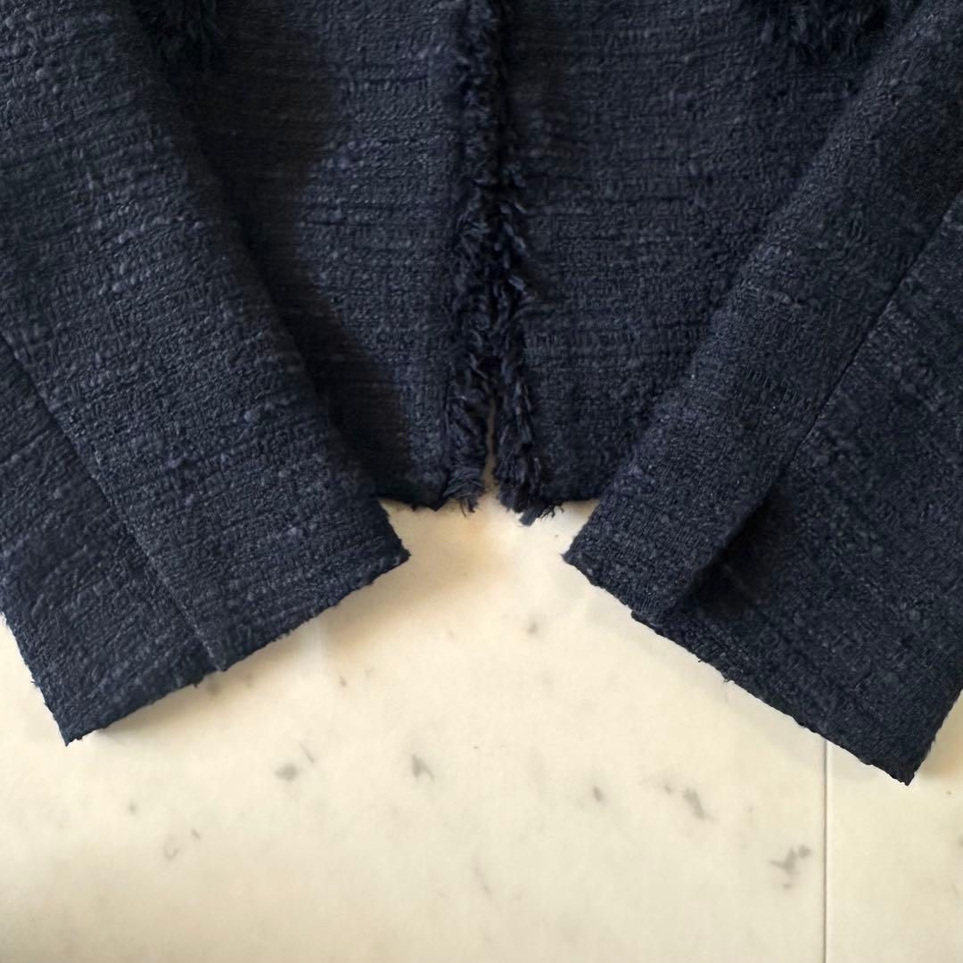 極美品♪エストネーション ミックスツイードフリンジノーカラージャケット ネイビー