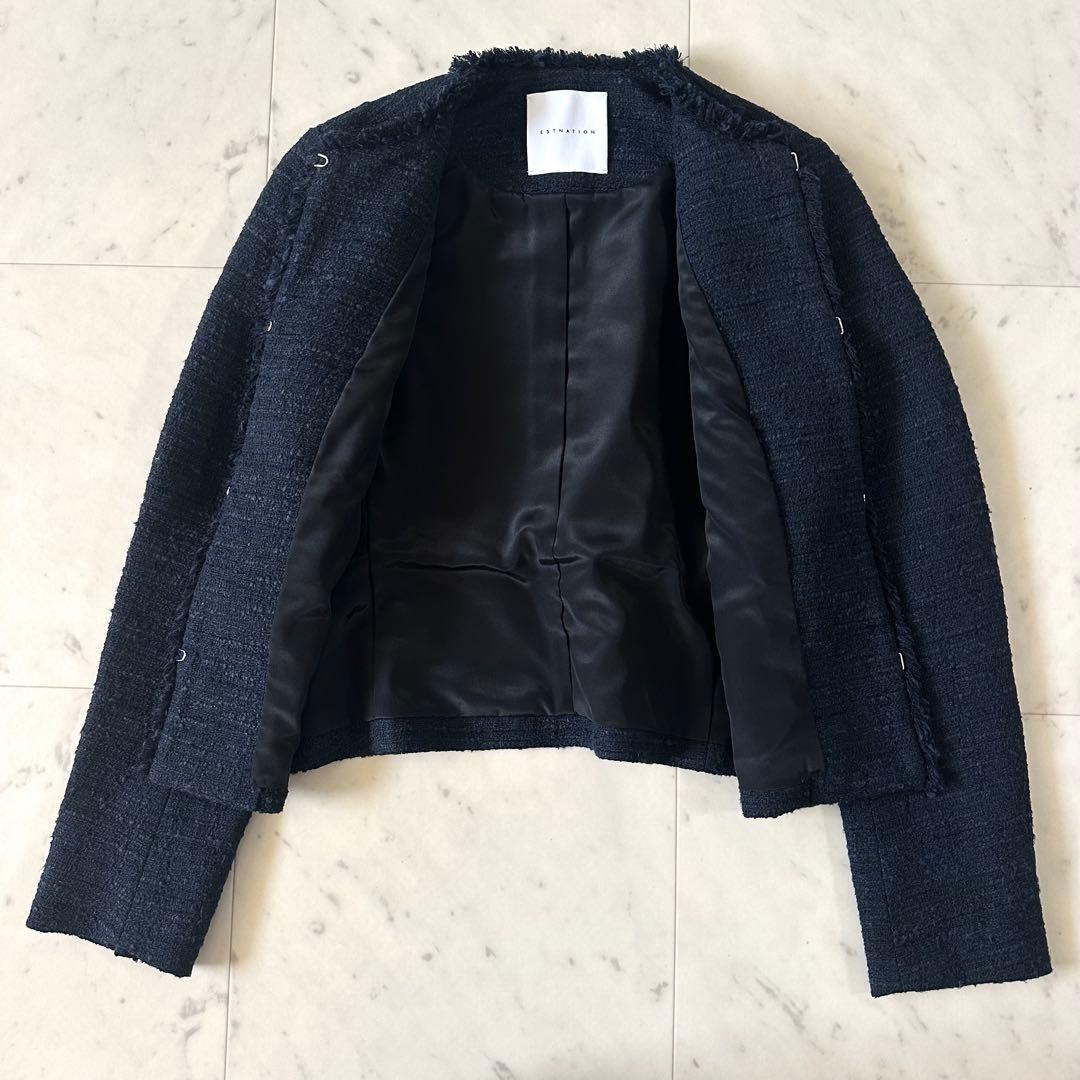極美品♪エストネーション ミックスツイードフリンジノーカラージャケット ネイビー