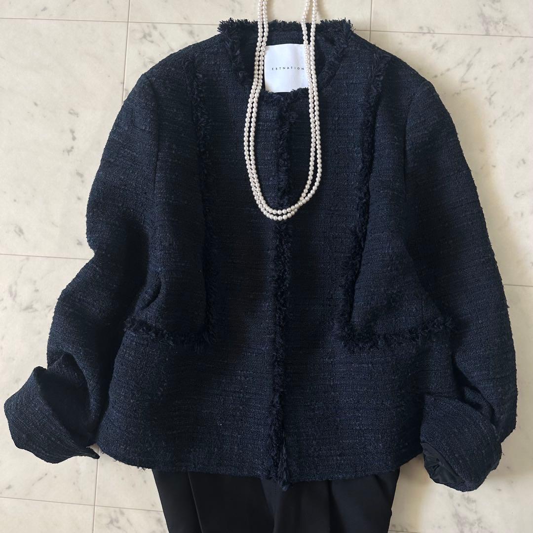 極美品♪エストネーション ミックスツイードフリンジノーカラージャケット ネイビー