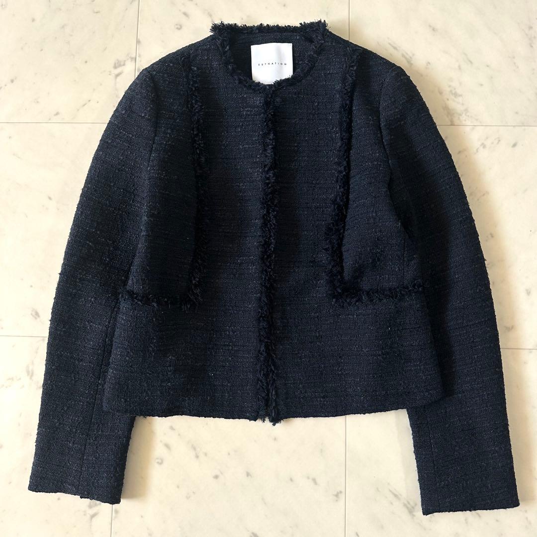 極美品♪エストネーション ミックスツイードフリンジノーカラージャケット ネイビー
