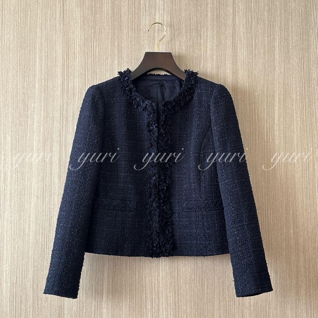 【1011】アナイ　リボンヤーンツイードクルージャケット　濃紺　36