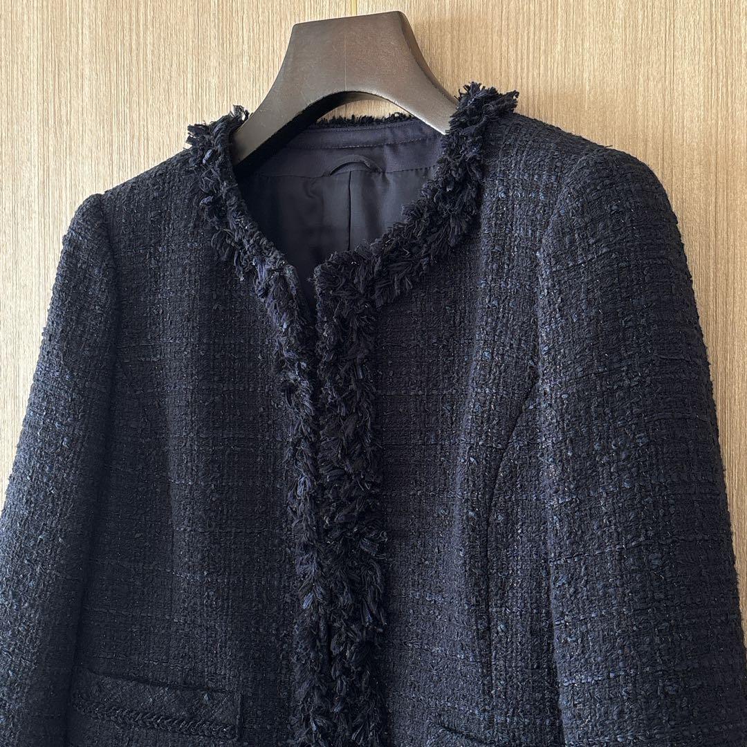 【1011】アナイ　リボンヤーンツイードクルージャケット　濃紺　36