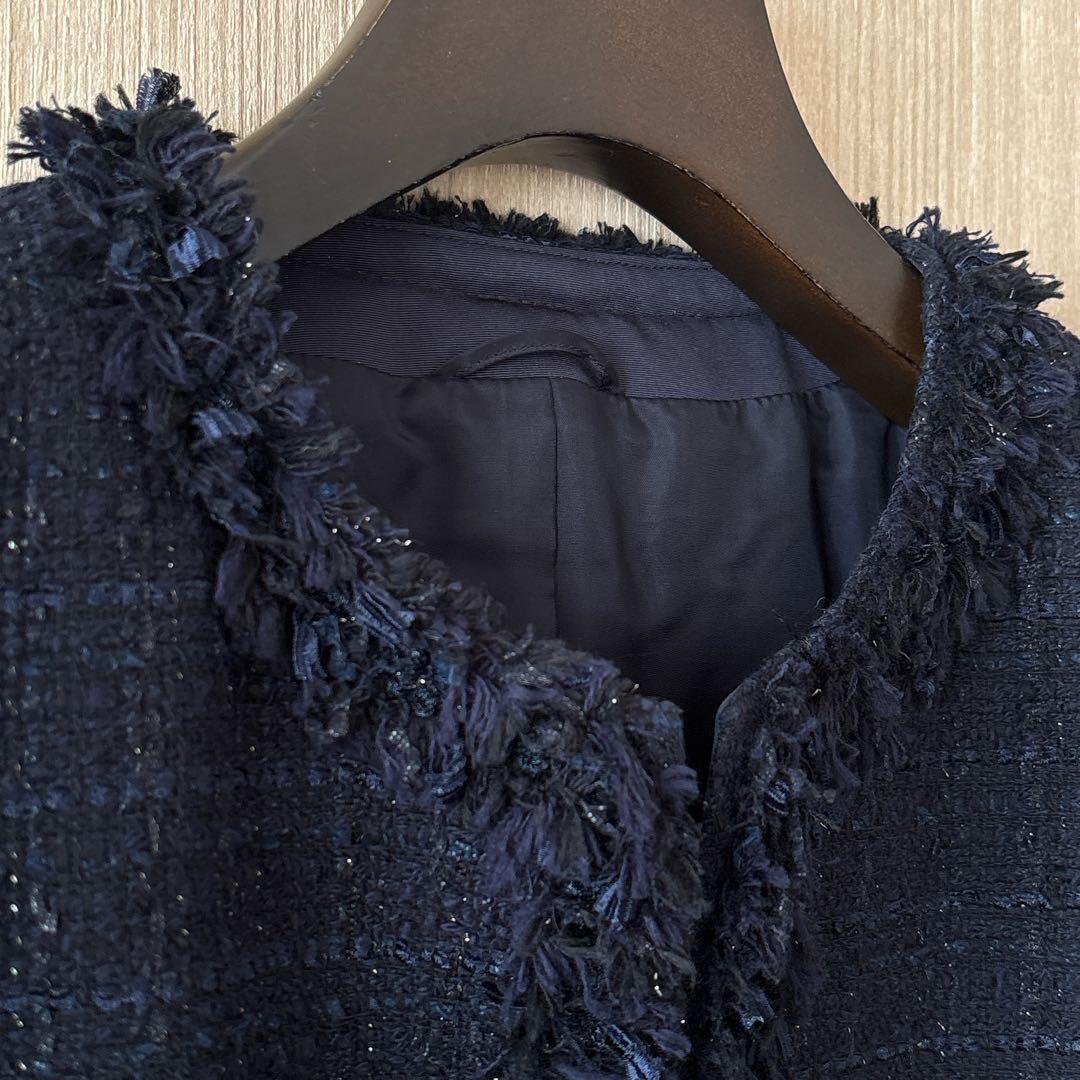 【1011】アナイ　リボンヤーンツイードクルージャケット　濃紺　36