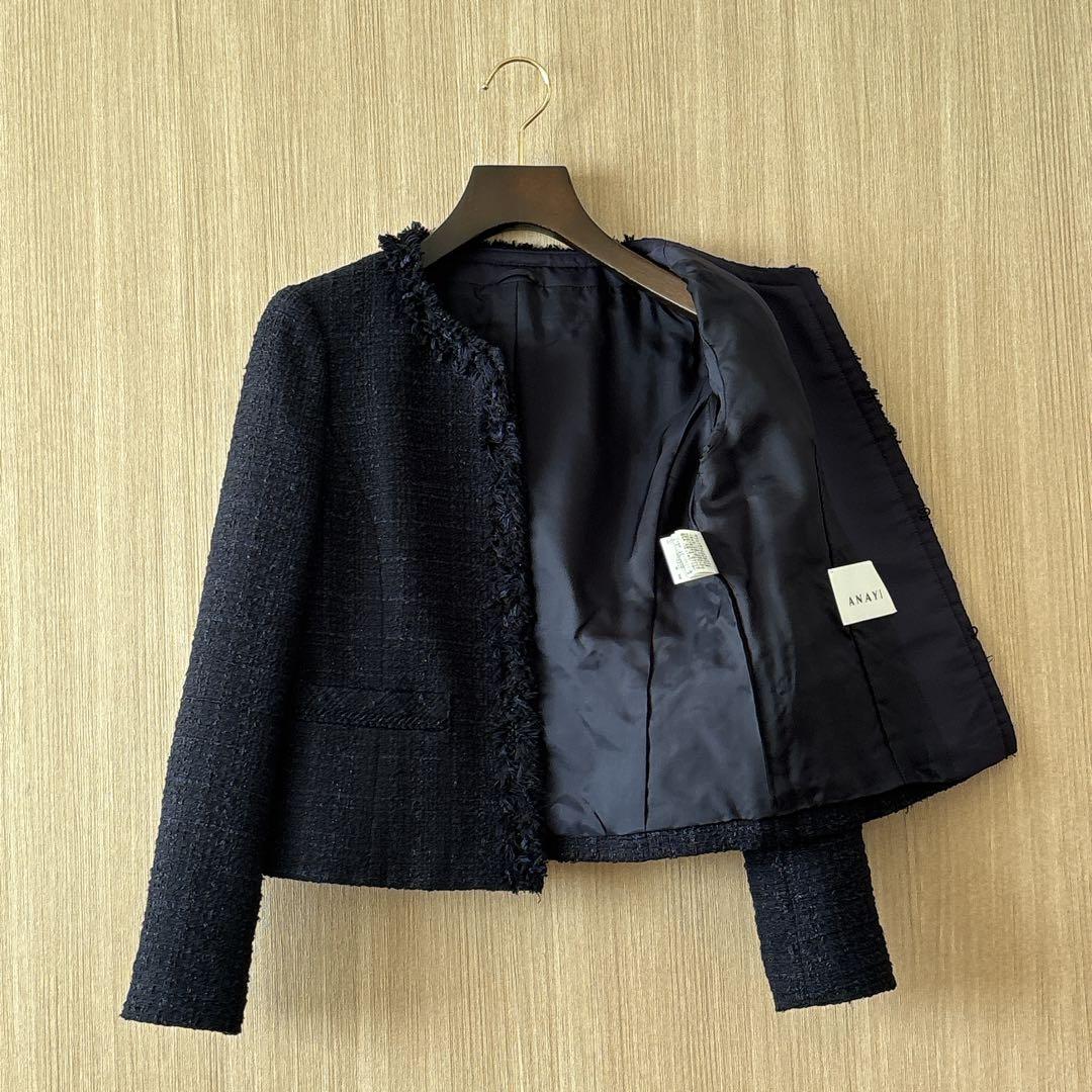 【1011】アナイ　リボンヤーンツイードクルージャケット　濃紺　36