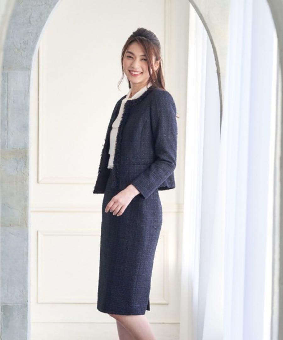 【1011】アナイ　リボンヤーンツイードクルージャケット　濃紺　36