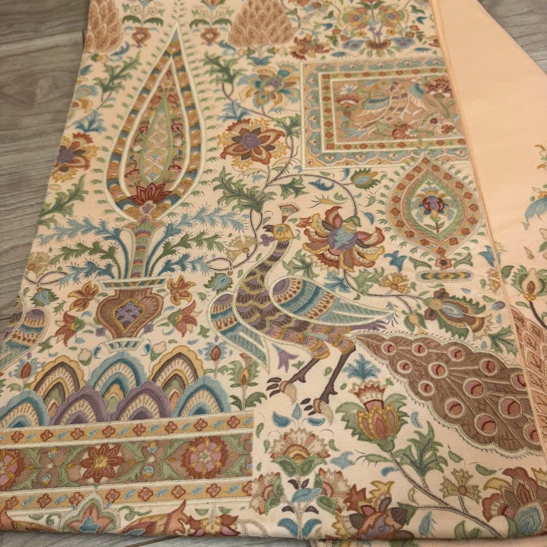 超美品　袋帯 正絹　現代　着物　ボタニカル 中国刺繍　相良刺繍　オレンジ　443