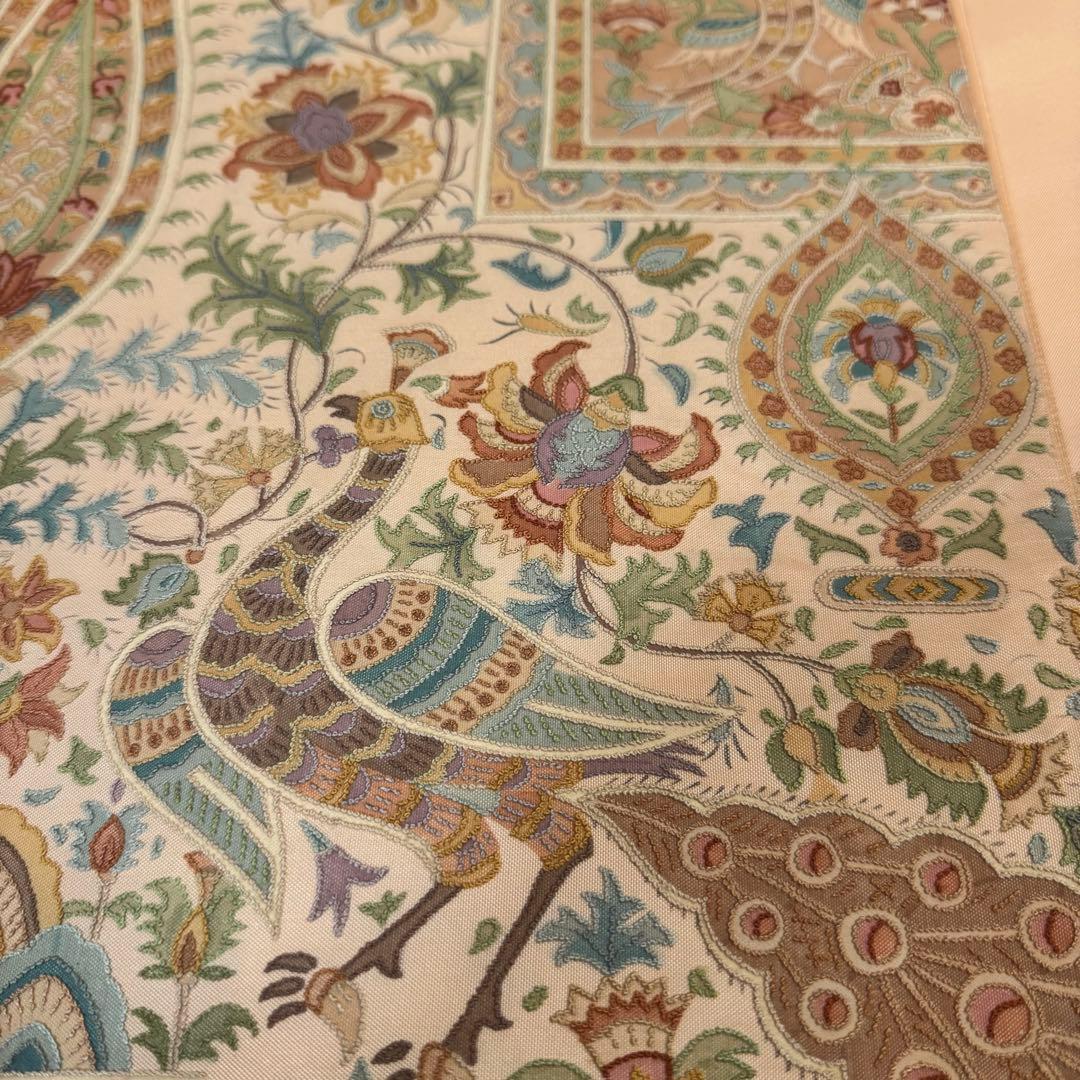 超美品　袋帯 正絹　現代　着物　ボタニカル 中国刺繍　相良刺繍　オレンジ　443