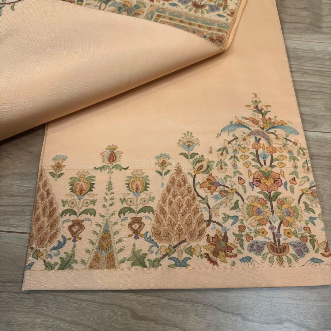 超美品　袋帯 正絹　現代　着物　ボタニカル 中国刺繍　相良刺繍　オレンジ　443