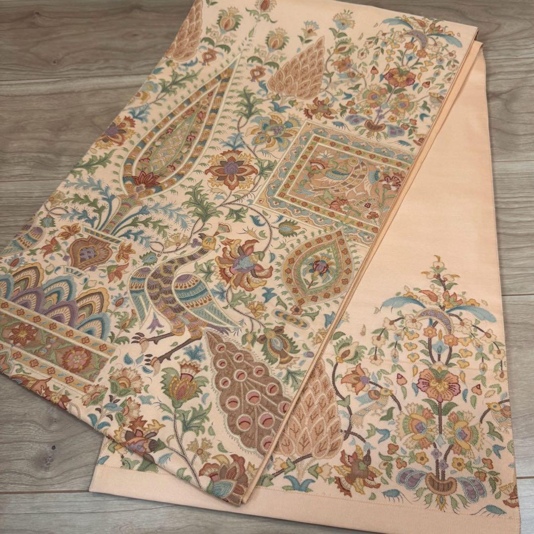 超美品　袋帯 正絹　現代　着物　ボタニカル 中国刺繍　相良刺繍　オレンジ　443