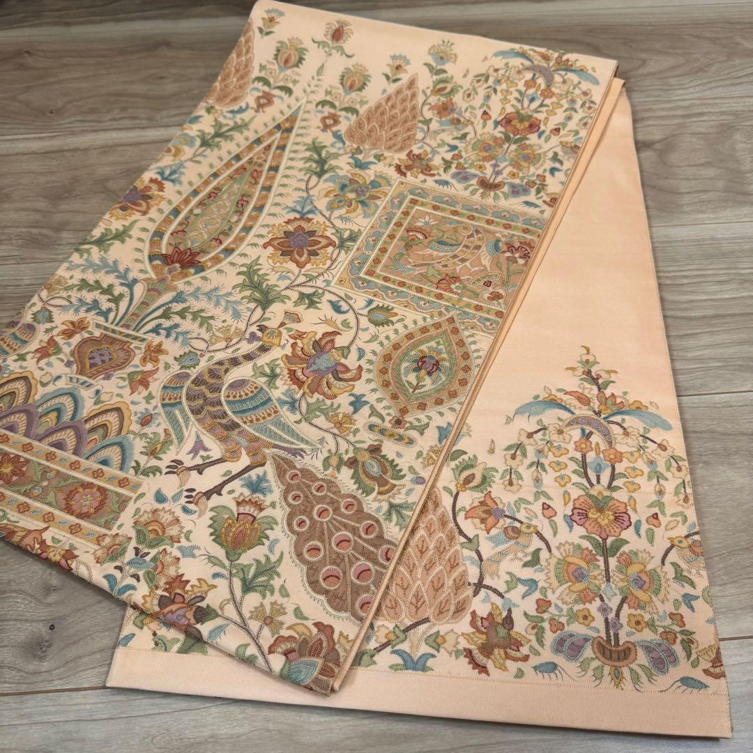 超美品　袋帯 正絹　現代　着物　ボタニカル 中国刺繍　相良刺繍　オレンジ　443